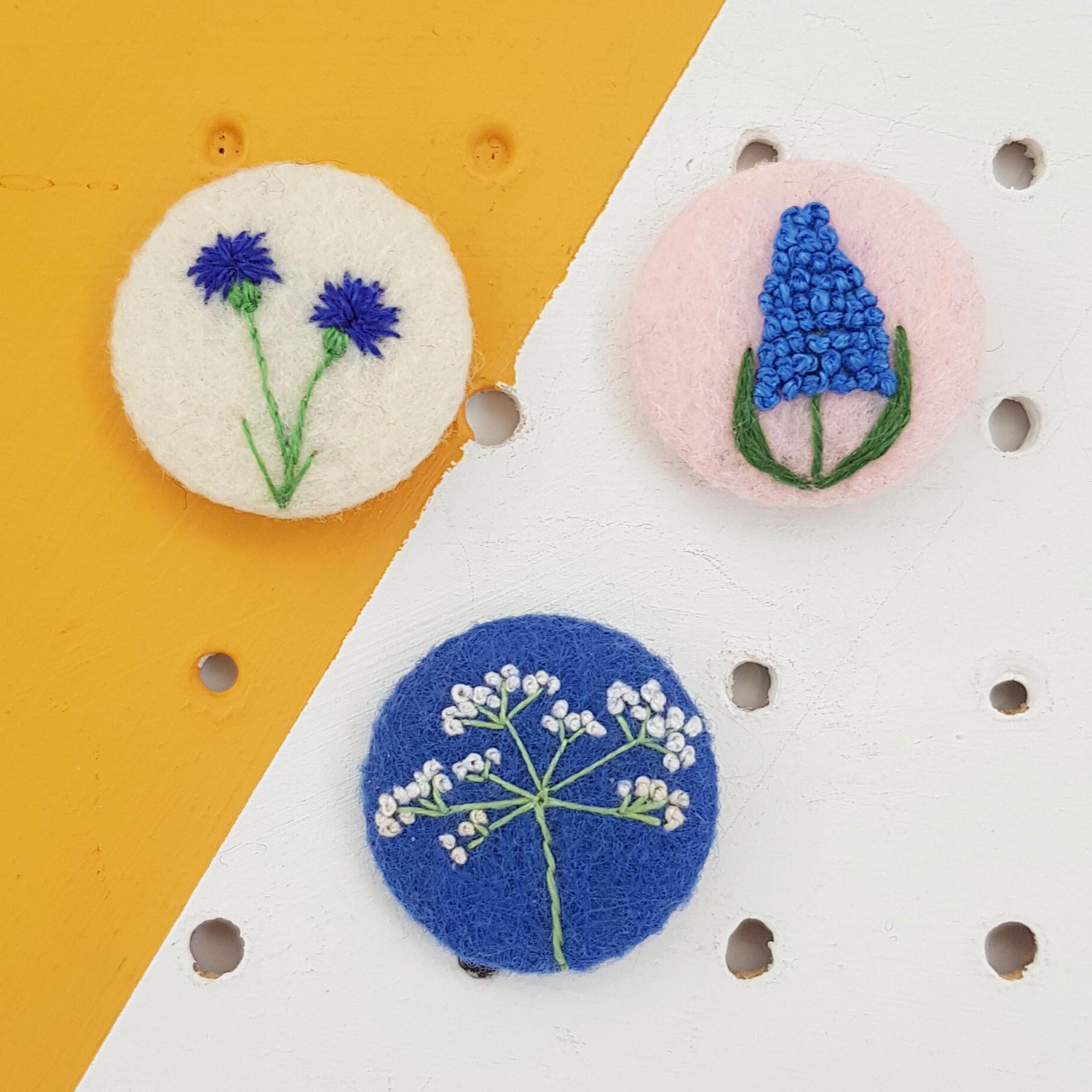 embroidered floral badges - cornflower, cow parsley and grape hyacinth