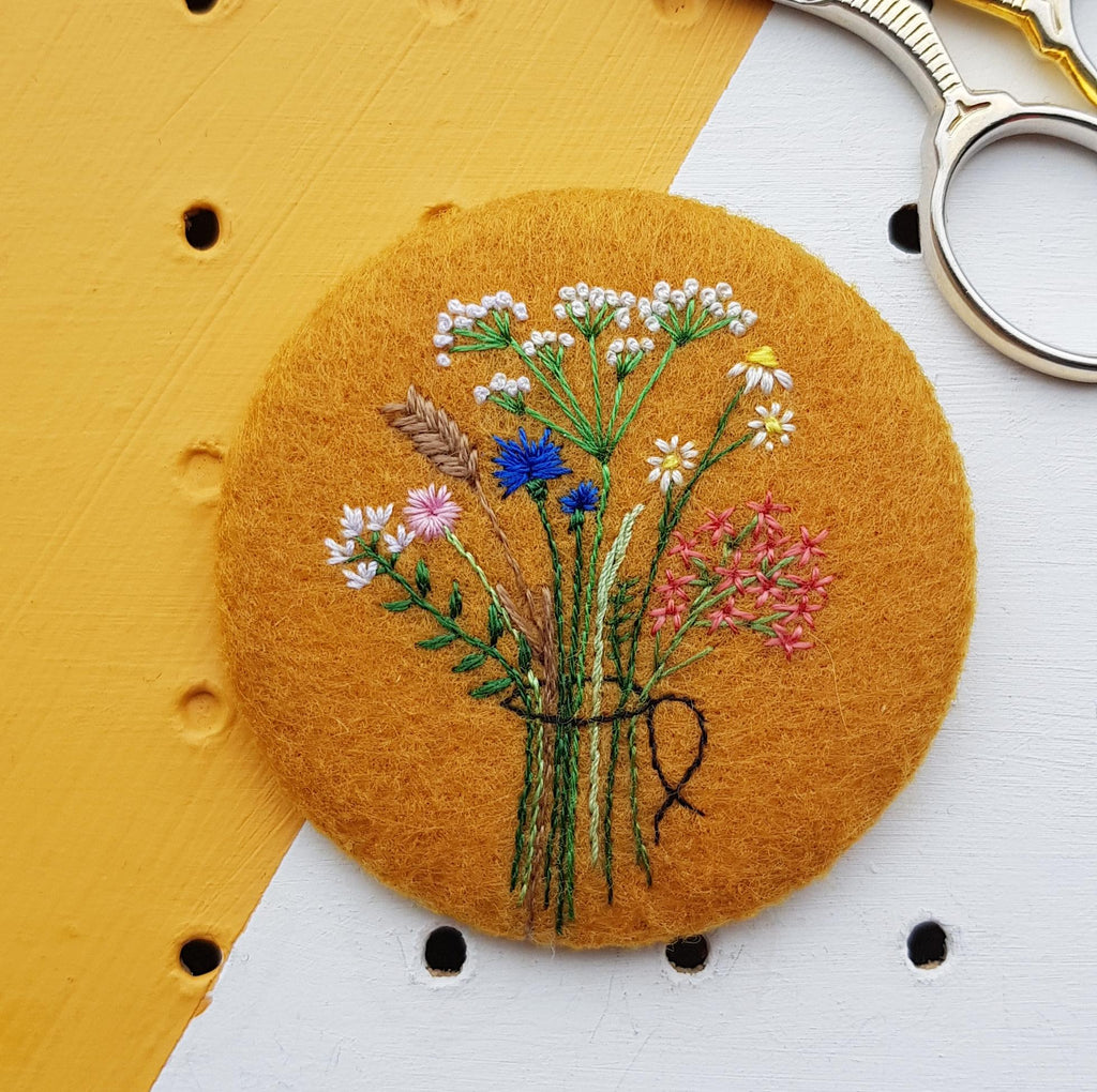 floral embroidered brooch - mustard