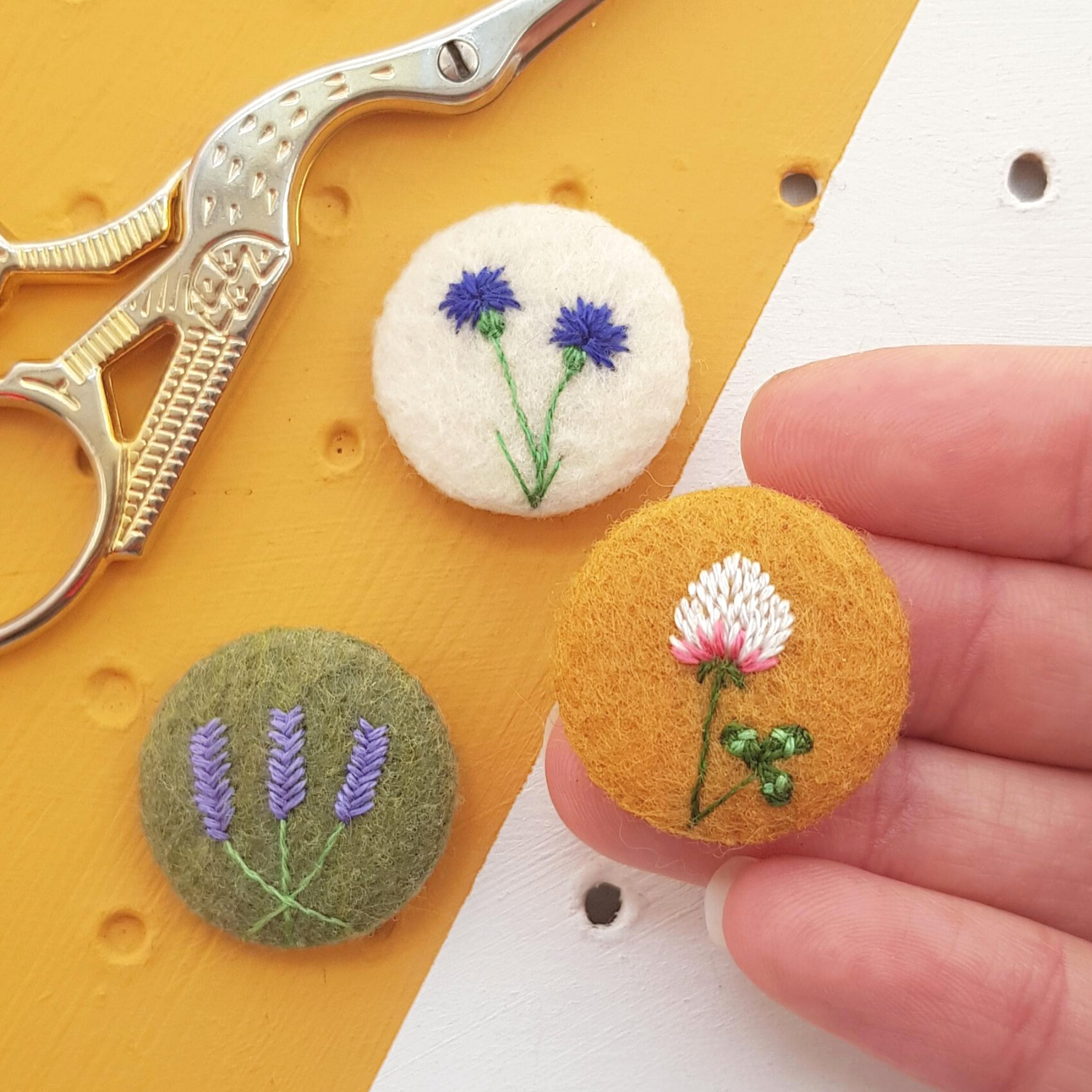 embroidered flower badge set - clover, cornflower and lavendar