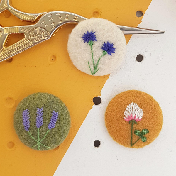 embroidered garden flower badges - clover, cornflower and lavendar