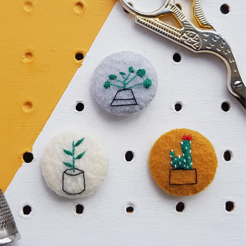 embroidered houseplant badge set - cactus, pilea