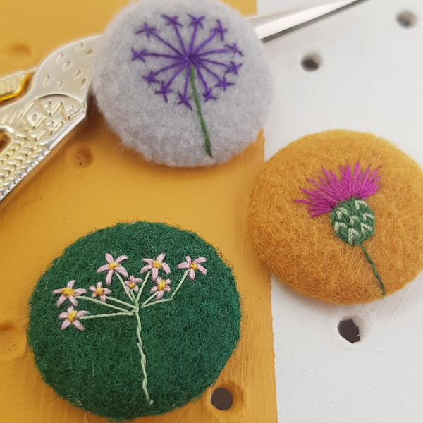 embroidered badges - thistle, allium and rock jasmine