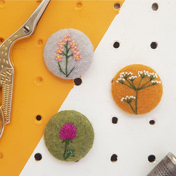 wild flower badges - embroidered red clover, cow parsley and lady's smock 
