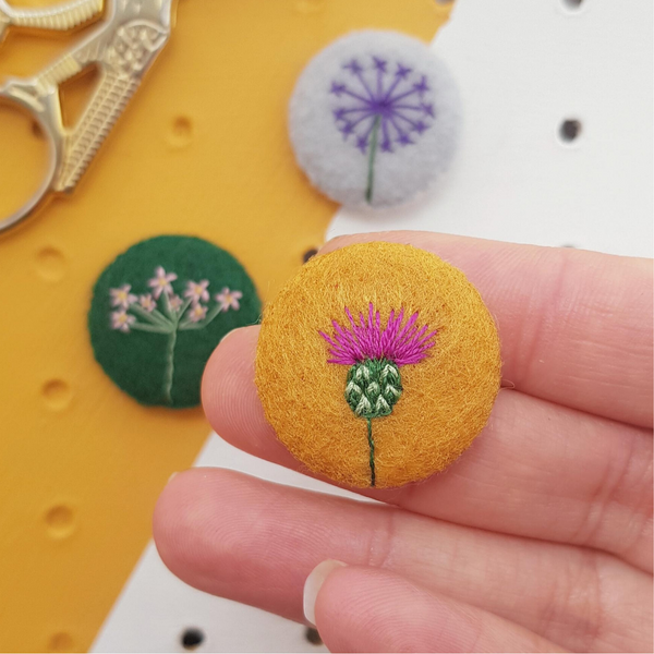embroidered thistle badge - set with allium and rock jasmine