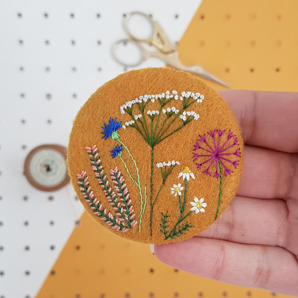 large embroidered floral badge - mustard yellow
